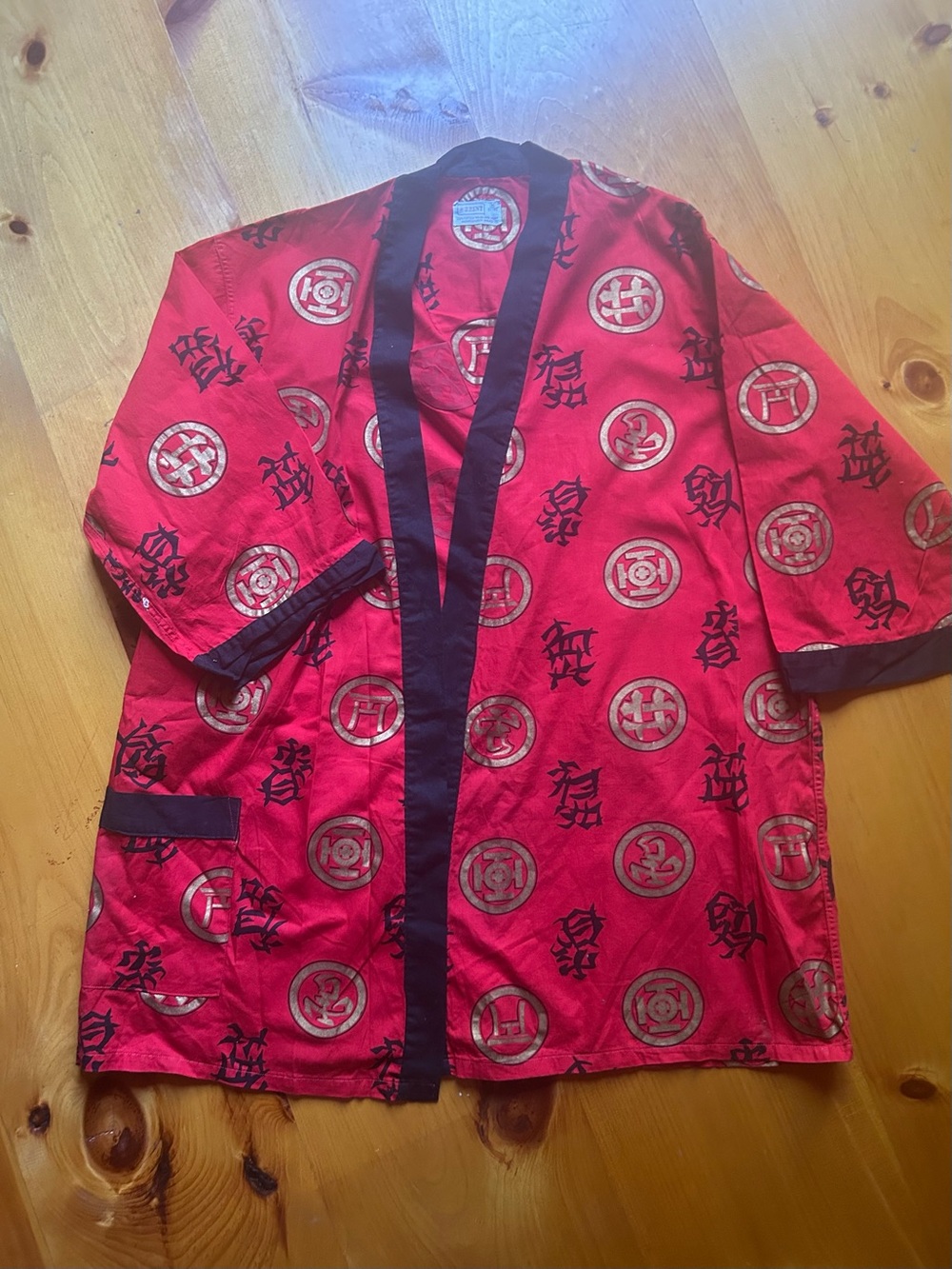 Vintage Red Cotton Kimono Jacket with Black Trim